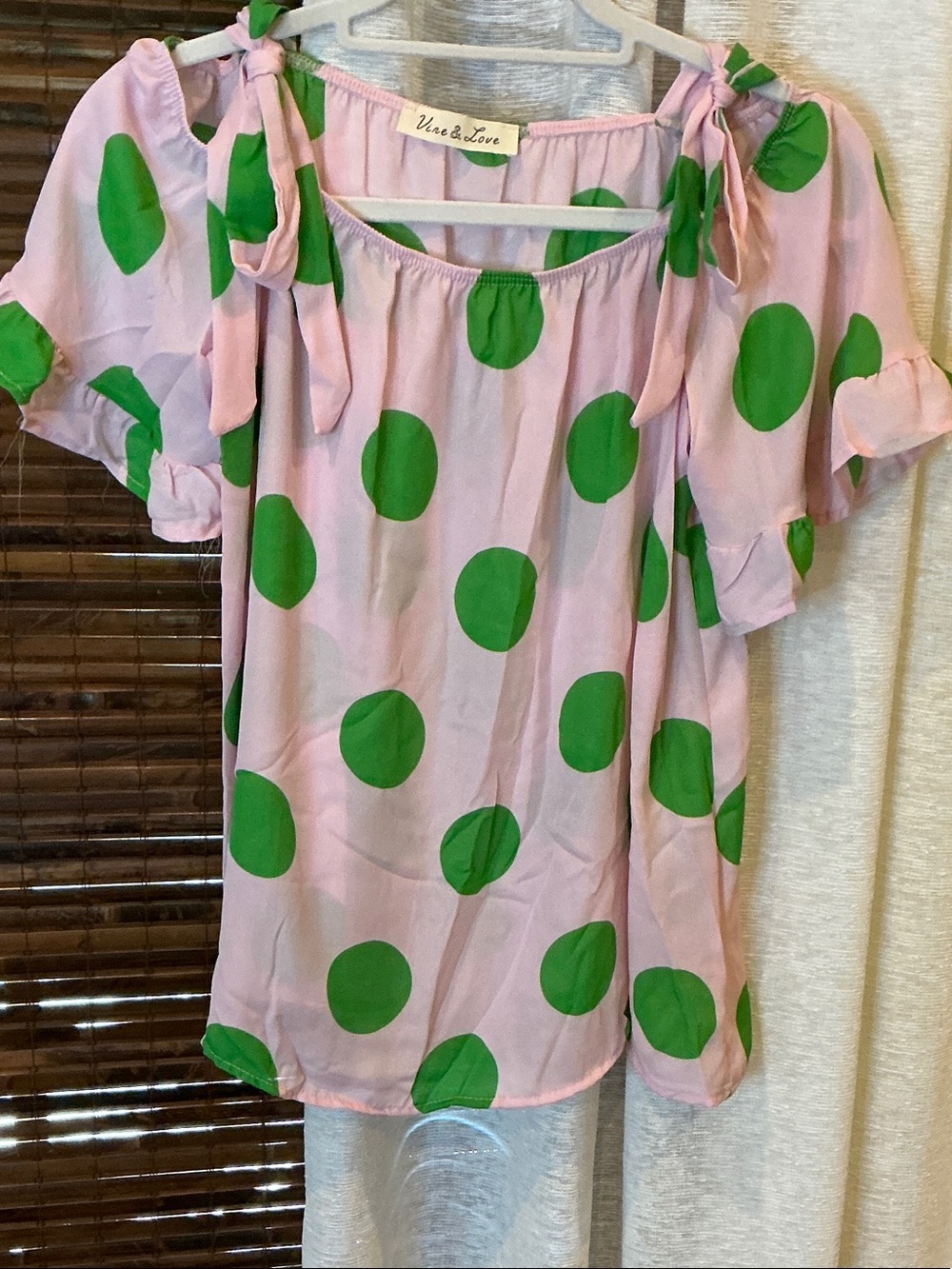 Vine & Love Pink Blouse with Green Polka Dots